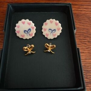 Emily in Paris Style Bow Studs + Pink Heart Parisian Earrings Bundle